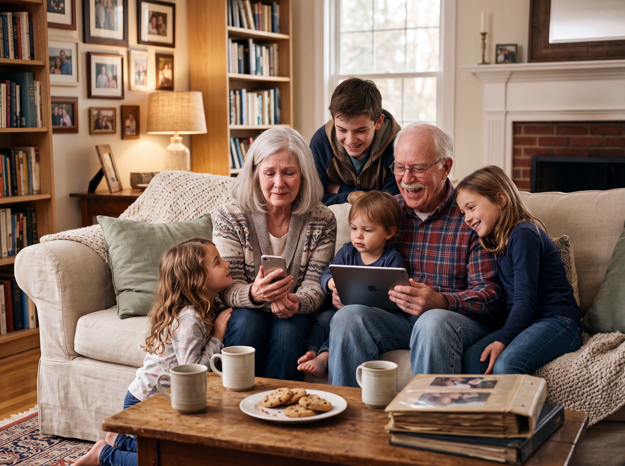Grandparents sharing memories on their phone and iPad with their grandchildren